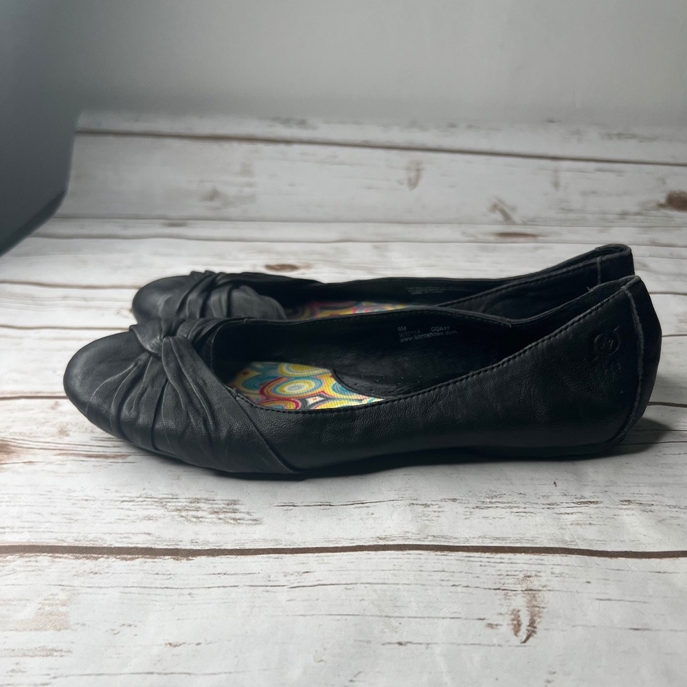 Born Ballet Flats Black Leather Ruched Knot Toe Slip On Shoes 9M